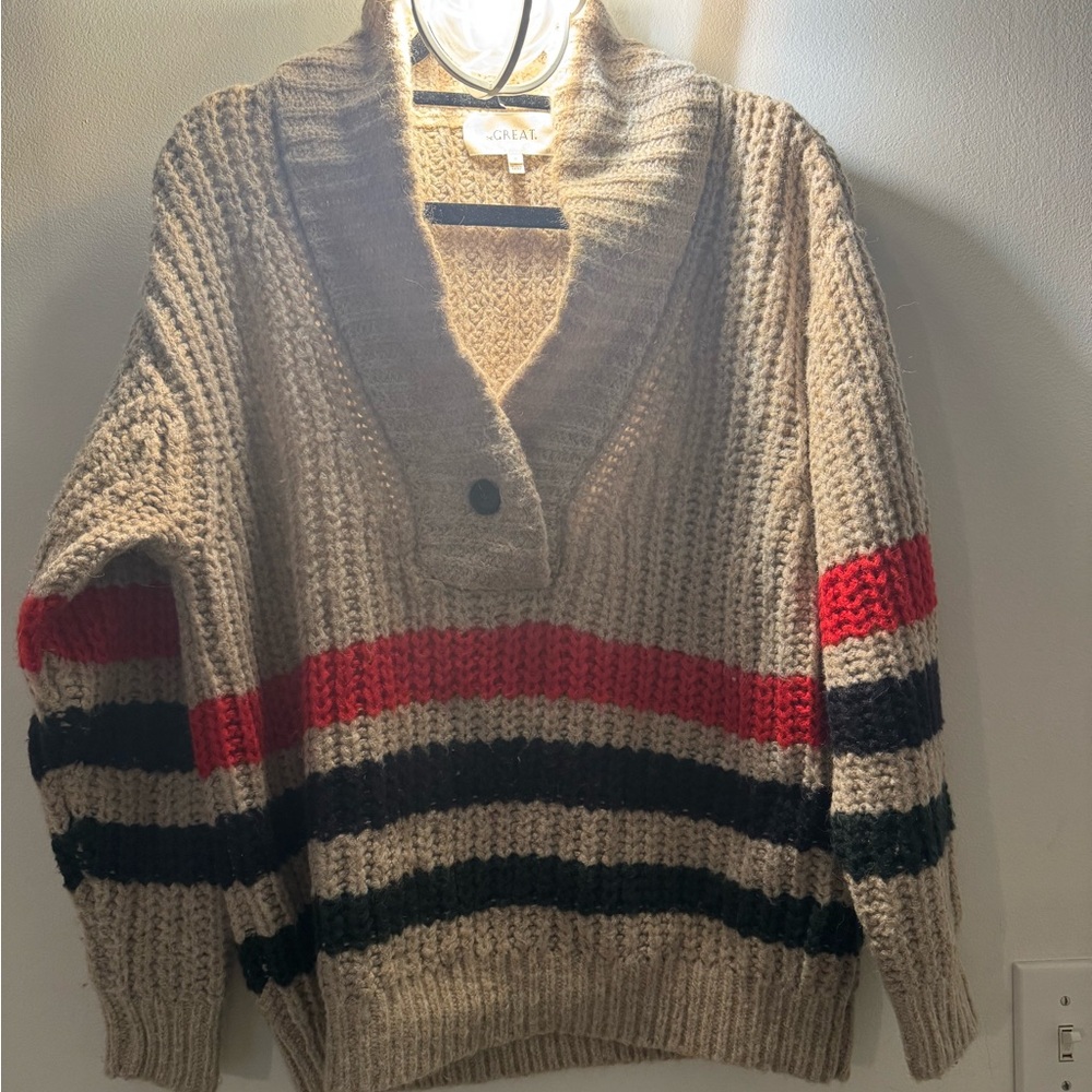 The Great. Striped Henley pullover. Oatmeal